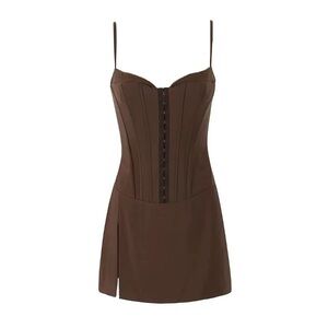 brown corset fishbone dress with slit